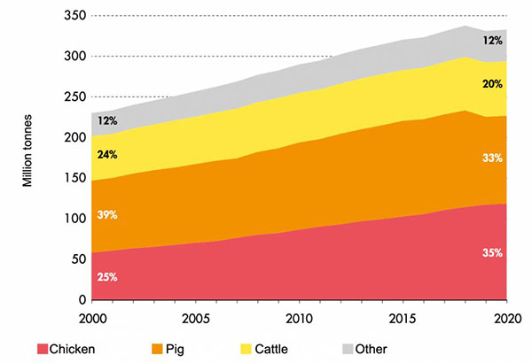 World meat production increased 45% in the last 20 years